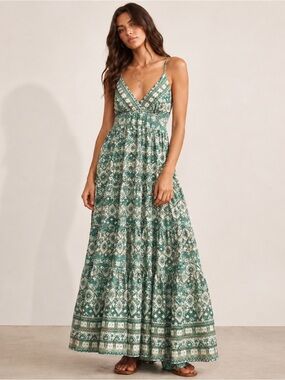 KMA Green Silk Blend Boho Maxi Dress
